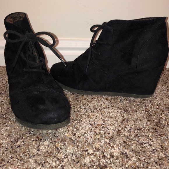 Maurices Shoes - Black 2” wedge lace up black faux suede booties.